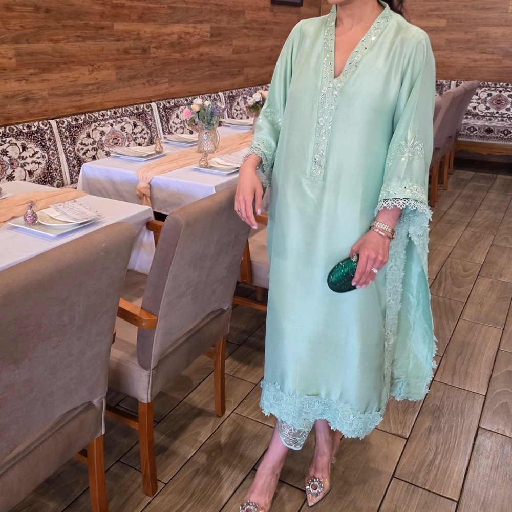 Elegant Mint Green Kaftan kameez and shalwar - Picture 4 of 8